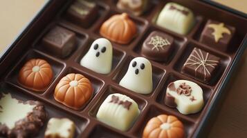 Halloween-themed chocolate pieces in various shapes, such as pumpkins and ghosts, presented in a decorative box, gastronomy photography photo