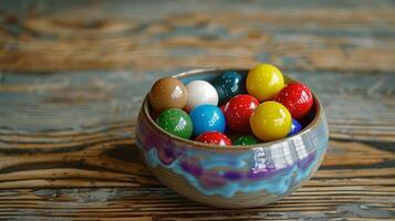 Jawbreakers in different colors inside a shallow ceramic bowl on a wooden table, photorealistic food photo