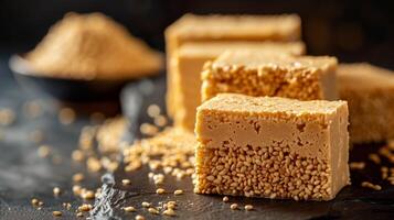 Block of sesame halva sliced to show dense, crumbly texture, food setting photo