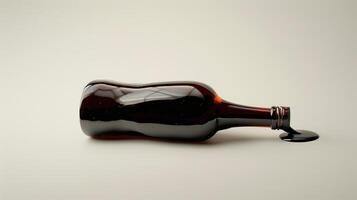 Bottle of chocolate syrup lies horizontally, with its cap visible on the right side, meal photography photo