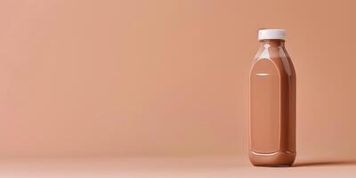 Bottle of meal replacement shake with balanced nutrients on plain background, meal photography photo