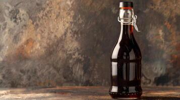 Bottle of dark brown liquid is displayed upright, containing a chocolate syrup, food setting photo