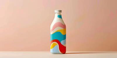 Bottle of yogurt drink with a colorful design, displayed against a solid color backdrop, meal photography photo
