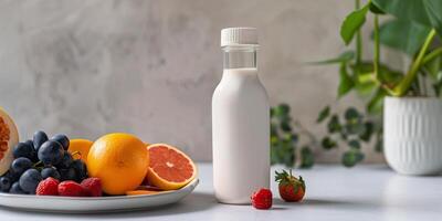 Bottle of probiotic yogurt drink with a distinct label indicating live cultures, placed on a table, food setting photo