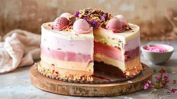 Cake with distinct layers of ice cream and cake when sliced, food setting photo