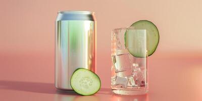 Can with a metallic finish next to a glass of clear liquid with a cucumber slice, food setting photo