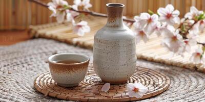 Ceramic bottle and cup filled with sake, placed on a woven mat with a few sakura petals, meal photography photo