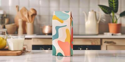 Carton of kefir with a colorful design and resealable top, set on a kitchen counter, food setting photo
