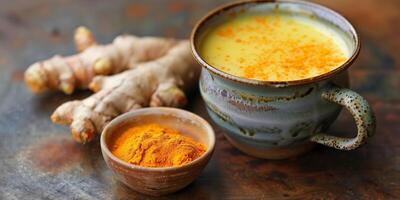 Ceramic cup filled with turmeric latte next to small bowl of ground turmeric, food setting photo