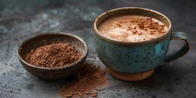 Ceramic cup with a thick, frothy drink beside a small bowl of cocoa powder, meal photography photo