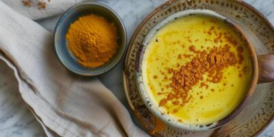 Ceramic cup filled with turmeric latte next to small bowl of ground turmeric, meal photography photo