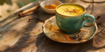 Ceramic mug with turmeric latte on saucer with small dish of spices, food setting photo