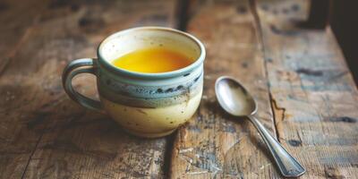 Ceramic mug filled with yellow liquid on wooden table next to spoon, meal photography photo