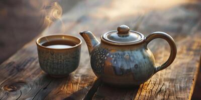 Ceramic teapot with matching cup, filled with brewed tea on a wooden surface, meal photography photo