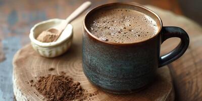 Ceramic mug with mushroom coffee and small scoop of mushroom powder on the side, meal photography photo