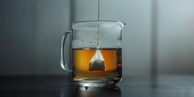 Chai tea teabag submerged in a glass cup of water with the string hanging over the side, food setting photo