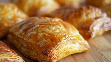 Close-up of a turnover showing a slightly cracked surface and a fruit filling, food setting photo