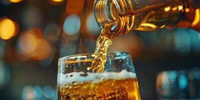 Close-up of an ale being poured from a bottle into a clear glass, meal photography photo