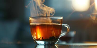 Close-up of chai tea in a glass cup with steam rising, meal photography photo
