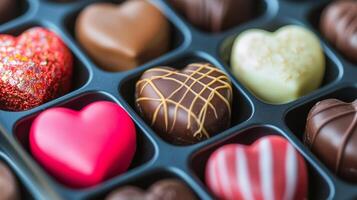 Close-up of heart-shaped chocolates with delicate patterns in a compartmentalized box, meal photography photo
