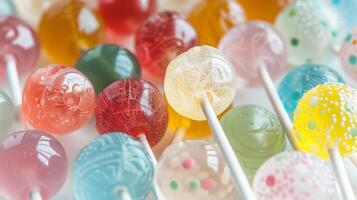 Close-up of various round lollipops with patterns and colors on long sticks, food setting photo