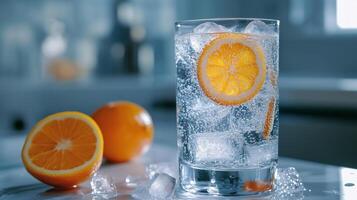 Cold, clear drink served in a tall glass with ice cubes and a citrus slice, food setting photo