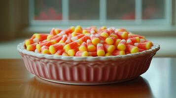 Decorative dish filled with candy corn, the traditional three-color pattern prominently displayed, food setting photo