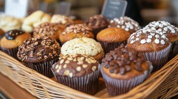 Display of assorted muffins in a basket, each with a distinct, rounded top, meal photography photo