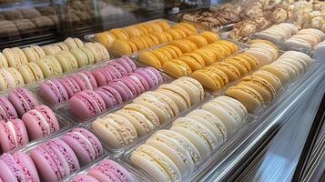 Display of macarons in a glass case, with different flavors and colors visible, meal photography photo