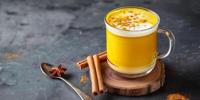 Glass mug with turmeric latte on coaster with spoon and cinnamon sticks, meal photography photo