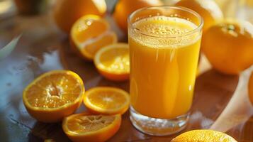 Glass of freshly blended orange juice with pulp beside sliced oranges, meal photography photo