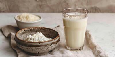 Glass of kefir with a small amount of froth, positioned next to a ceramic bowl, food setting photo