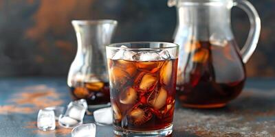 Glass of cold brew coffee with ice cubes on a wooden table, food setting photo