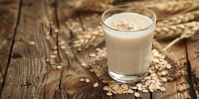 Glass of oat milk with oats surrounding it on a rustic wooden table, food setting photo