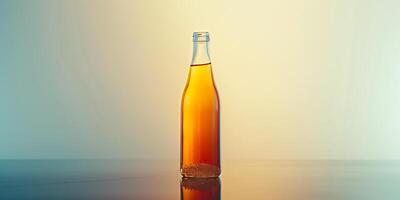 Kombucha bottle with visible fermentation sediment at the bottom, standing on a reflective surface, meal photography photo