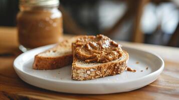 Jar of nut-free spread with the lid removed, beside a slice of toasted bread, food setting photo