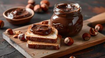 Jar of hazelnut spread with portion spread on toast on cutting board, meal photography photo