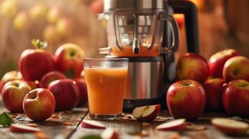 Juicer with freshly extracted apple juice in a glass, surrounded by apples, food setting photo