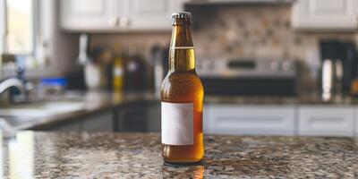 Lager beer bottle with a plain label, placed on a granite countertop, meal photography photo