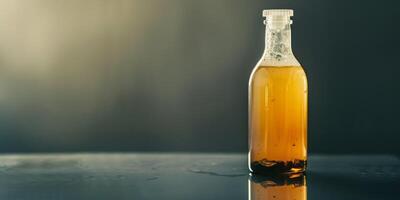 Kombucha bottle with visible fermentation sediment at the bottom, standing on a reflective surface, food setting photo