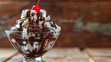 Large ice cream sundae with chocolate sauce and a cherry on top, food setting photo