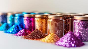 Line of small containers with various colors of edible glitter, neatly arranged, meal photography photo