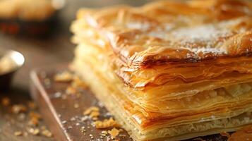 Layered puff pastry with a golden-brown surface and a visible, airy structure, food setting photo