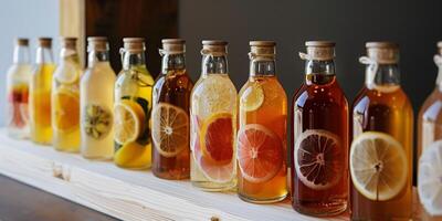 Line of kombucha bottles, each with a unique label design, arranged in a row, food setting photo