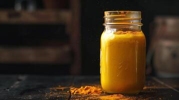 Mason jar of turmeric golden milk against a dark backdrop, meal photography photo