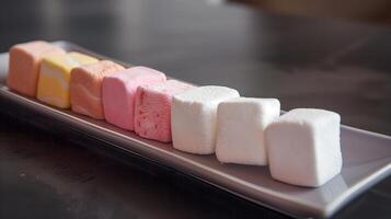 Marshmallows in assorted flavors lined up on a long, narrow dish, food setting photo