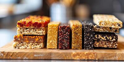 Selection of energy bars stacked on a cutting board with visible ingredient lists, meal photography photo