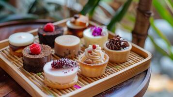 Small round desserts with diverse textures on a bamboo tray, meal photography photo