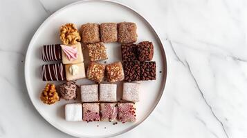 Selection of sugar-coated confections, nut-based treats on serving plate, meal photography photo