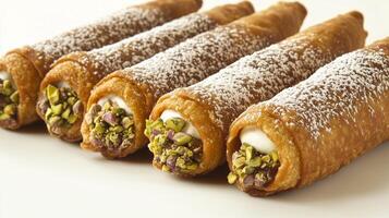 Set of cannoli arranged in a neat row, with each shell filled and ends dipped in pistachio pieces, food setting photo